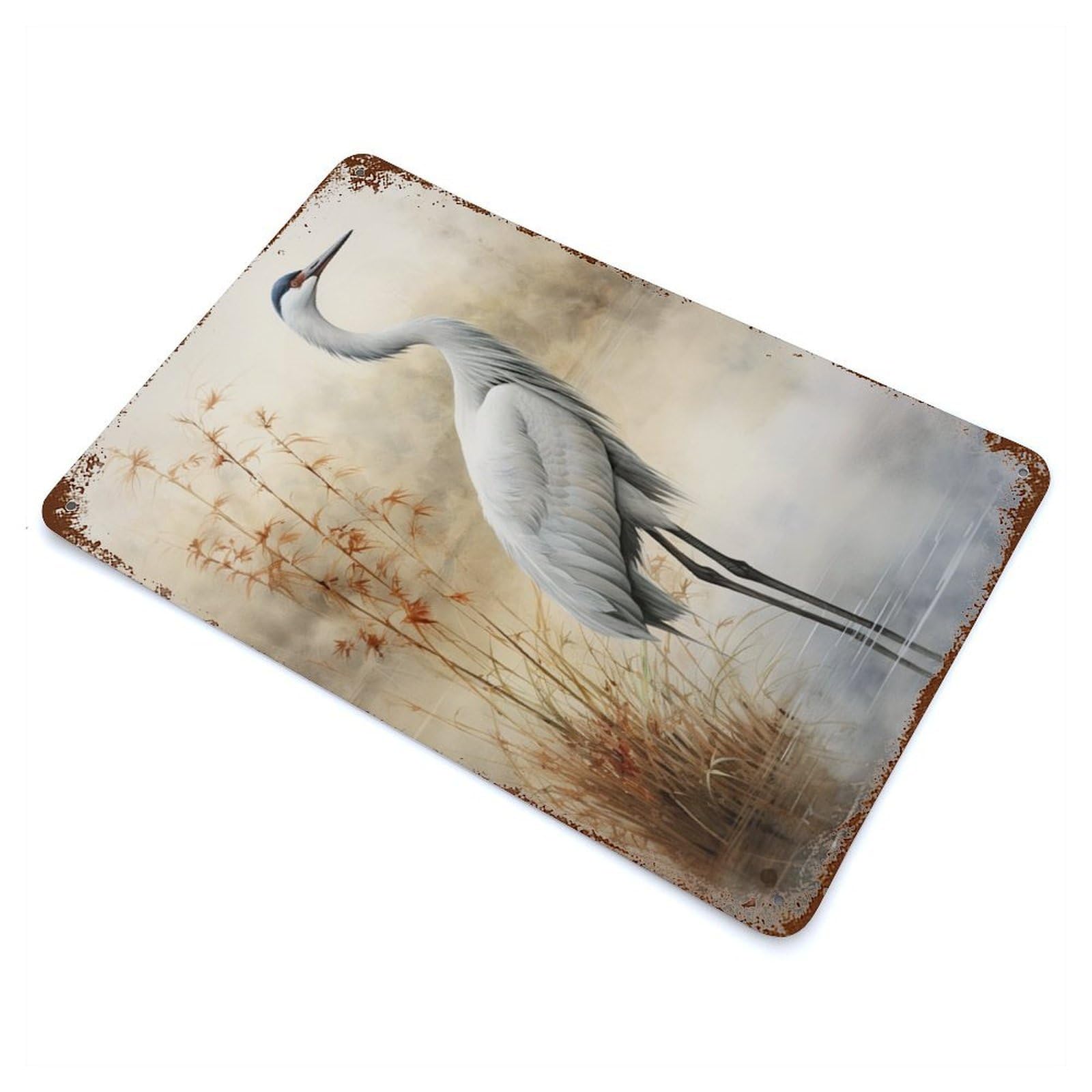 Vintage Rust Metal Sign with Graceful Crane Watercolor Design 11.8"x7.9", for Shed, Workshop And Garage Wall Decor, Classic Wall Plaque