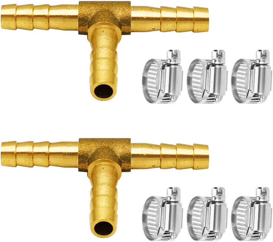 Da by 2 pcs 1/4"(6mm) Brass Tee Barb Fittings for 1/4" ID Hose,6 pcs Stainless Steel Pipe Clamps,3 Way Union Intersection for Water/Fuel/Air(T)