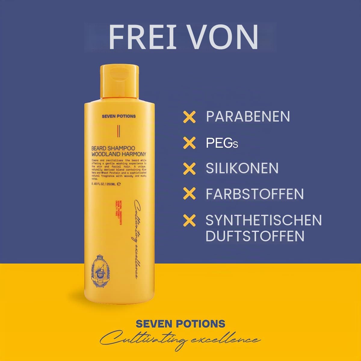 Seven Potions Bart-Shampoo für Männer - Sanfte, reinigende Bartreinigung für einen sauberen Bart ohne Juckreiz- natürlich, vegan, ohne Tierversuche - Woodland Harmony (250 ml)