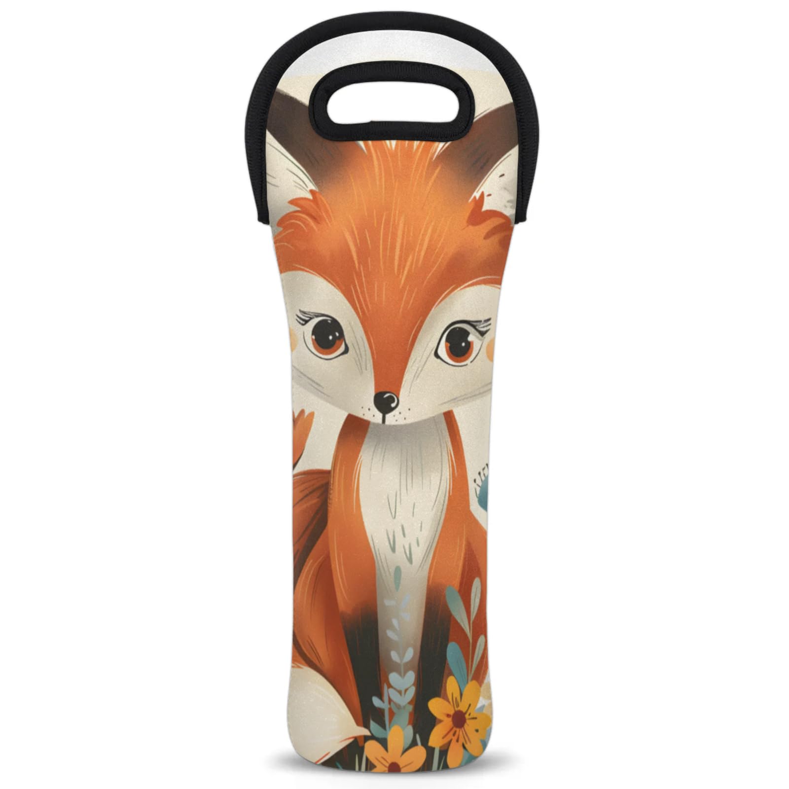 Neoprene Wine Tote Carrier Bag for Wine,Water, Champagne, Beer, Baby Bottles 15.6 x 5.1 Inches, Protective Wine Bag,Flowers Fox