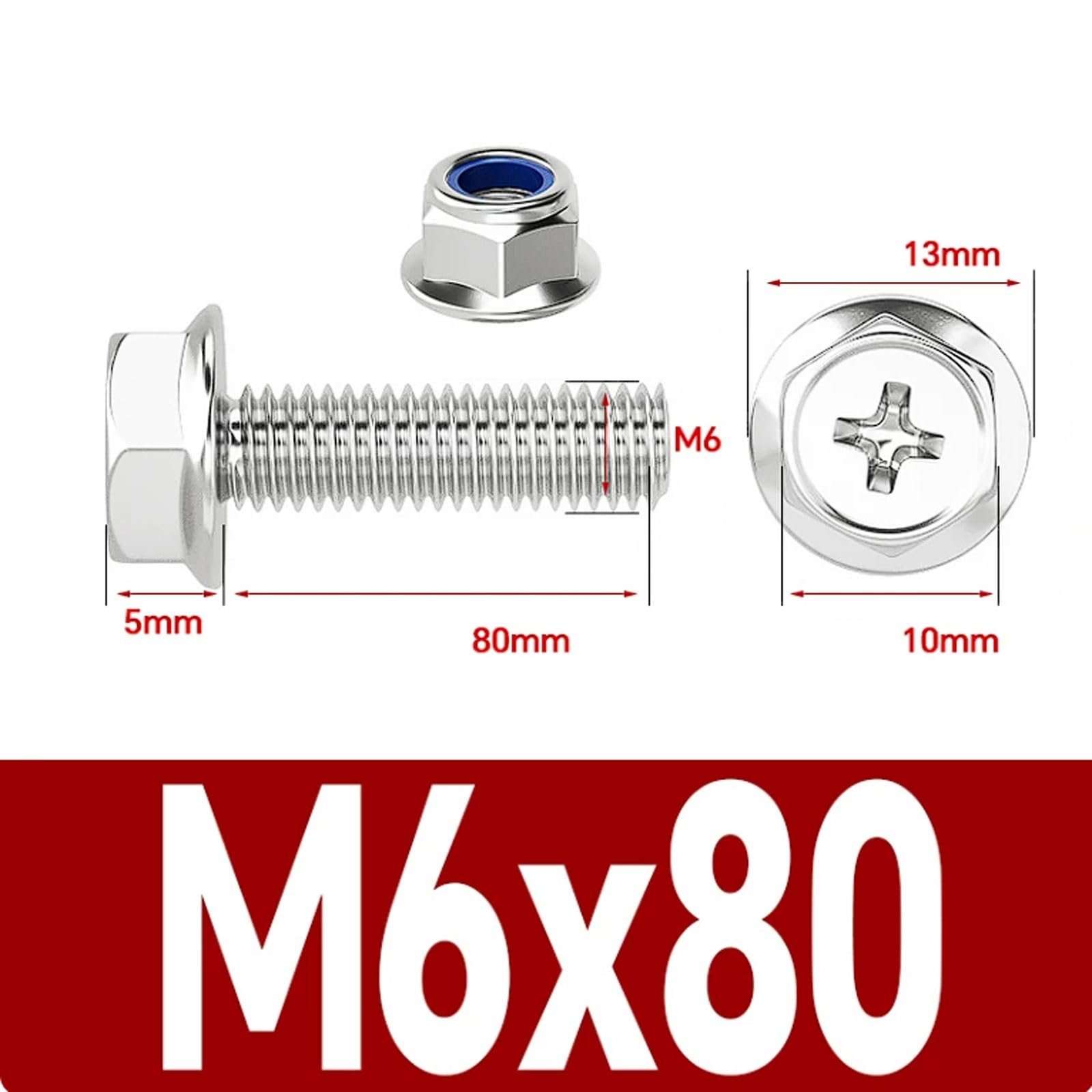 Kit bulloni e dadi a testa esagonale con flangia a croce M6 in acciaio inossidabile 304 rondelle, 20 set, a brugola seghettata Fissaggio senza attrezzi(M6x80 [20 sets])