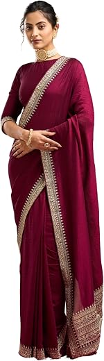 Kasee Women Wine Embroidered Pure Silk Saree with Contrasting Heavy Border