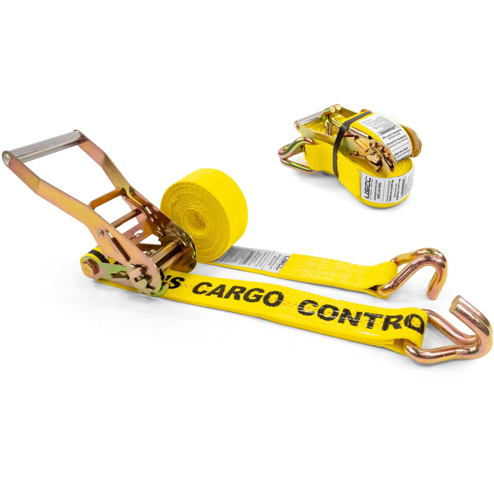 US Cargo Control Wire Hook Ratchet Straps 2 Inch x 12 Foot (4-Pack), 10,000 LBS Break Strength, Yellow 2 Inch Ratchet Straps Heavy Duty with J Hooks, Heavy Duty Tie Downs for Trailers and Trucks