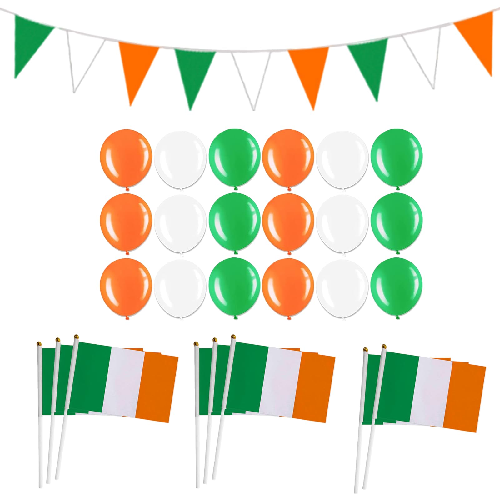 St Patricks Day Decorations, 10M St Patrick's Day Pennant Banner with 18pcs Balloons 8 Hand Waved Flags, Irish Green White Orange Triangle Flags for St. Patrick's Day Celebrations