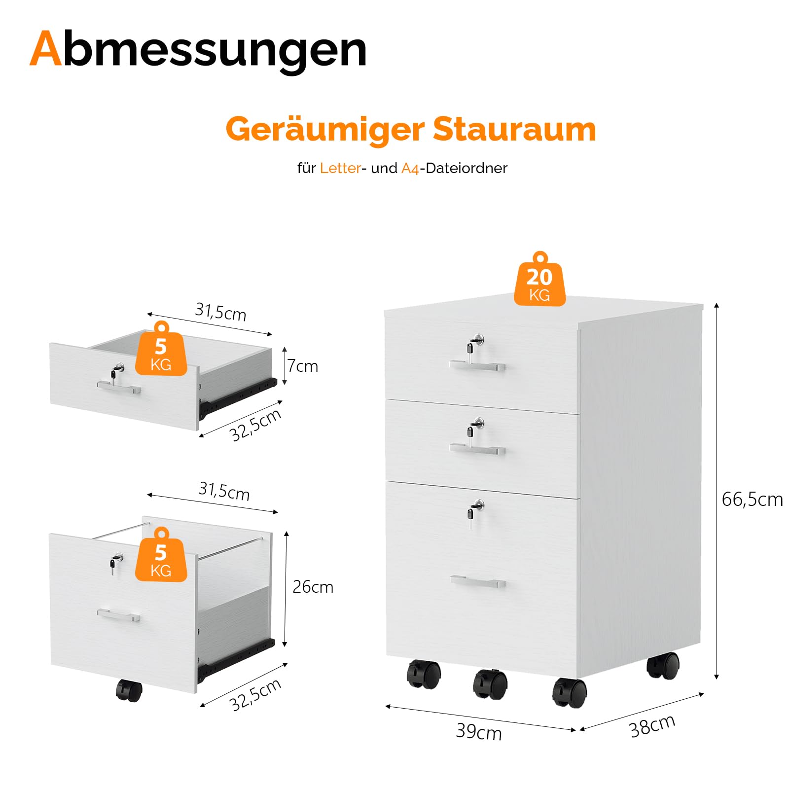 Bonnlo mobiler Aktenschrank 3 Schubladen für Büro, Homeoffice, weiß | Aktenschrank mit Rollen, mobiler Rollcontainer, abschließbarer Büroschrank, Schubladenschrank für A4- und Letter-Formate