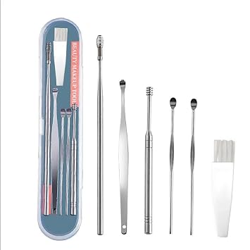 Ear Cleaning Kit Steel Ear Cleaner Reusable Ear Wax Remover Tool Kit Set With Storage Box, 6 Pcs Stainless Steel Earpick Set, Spiral Ear Curette for Home & Travel