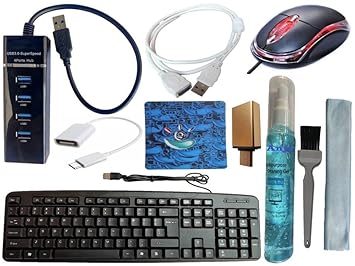Anjo 8 in 1 Combo of Wired Keyboard, Wired Mouse, Anti-Skid Mouse Pad, USB Hub 3.0, 3 in 1 Cleaning Kit 100ml, OTG Micro & C to A Type, USB Extension Cable Male to Female Type A 1.5m