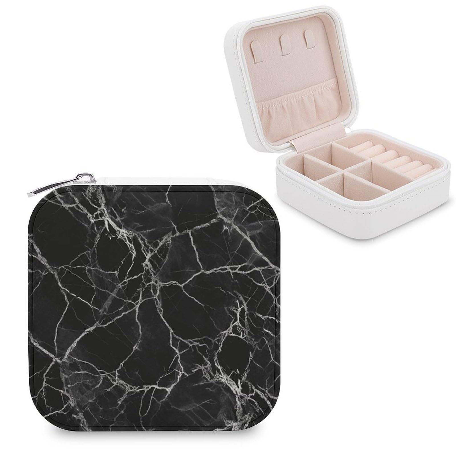 FekiLoot Black Marble Jewelry Case Personalized Leather Jewelry Box Mini Travel Jewelry Case Small Portable Jewelry Organizer for Ring Earrings Necklace Bracelet