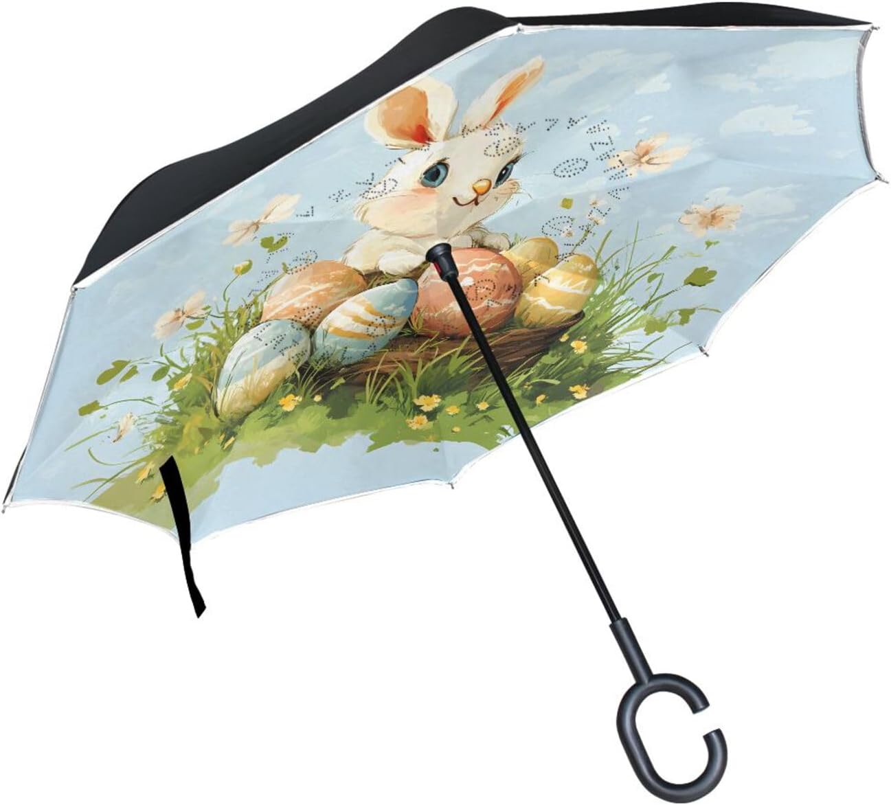 Happy Easter Rabbit Inverted Umbrellas for Rain Windproof Reverse Upside Down Golf Umbrella with C-shape Handle for Men Women