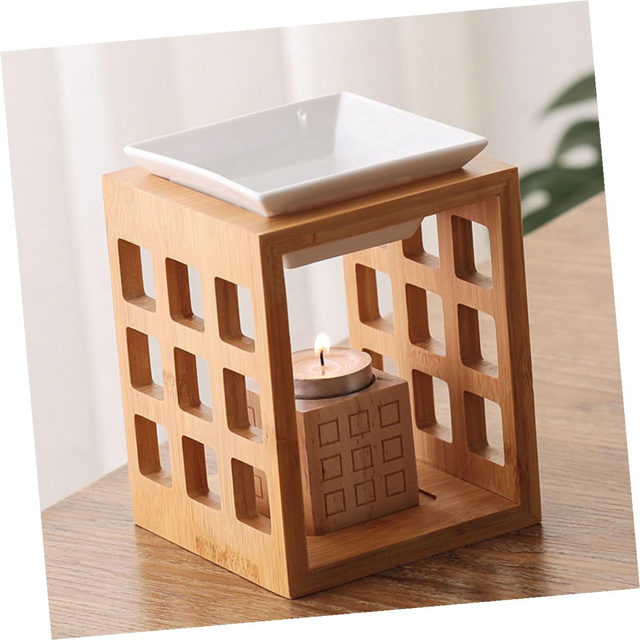 Quemador de Cera de Aromaterapia de Cerámica y Madera 150ml para Derretir Aceites Esenciales en Sala o Dormitorio Diseño Elegante y Funcional