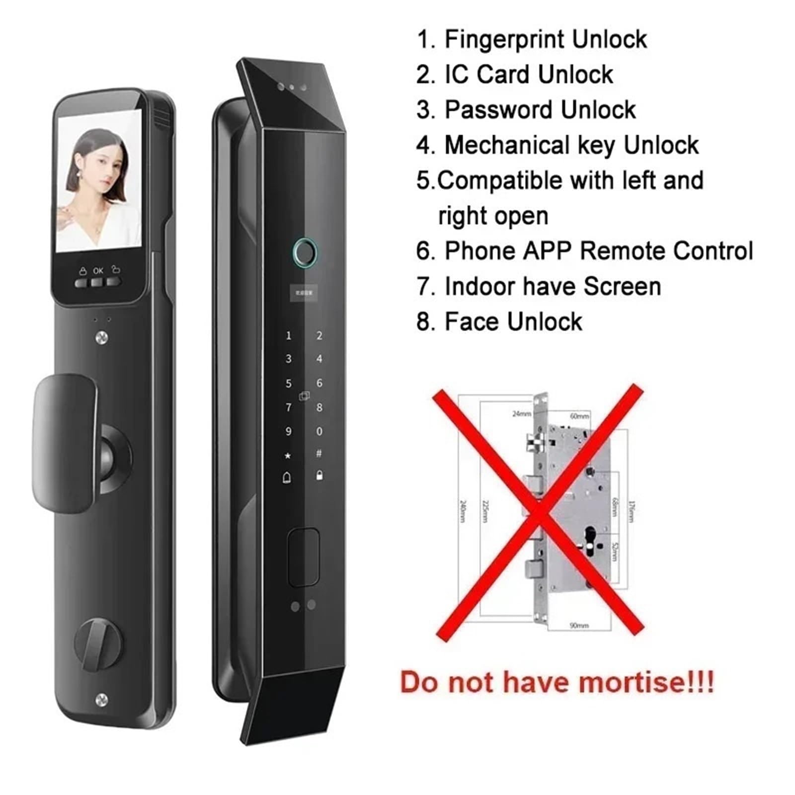 Serratura Smart, Smart Lock con riconoscimento facciale 3D Apertura porta senza contatto Smart Lock automatico con telecamera WiFi Videocitofono Controllo APP,per camere da letto, uffici e hotel(Only