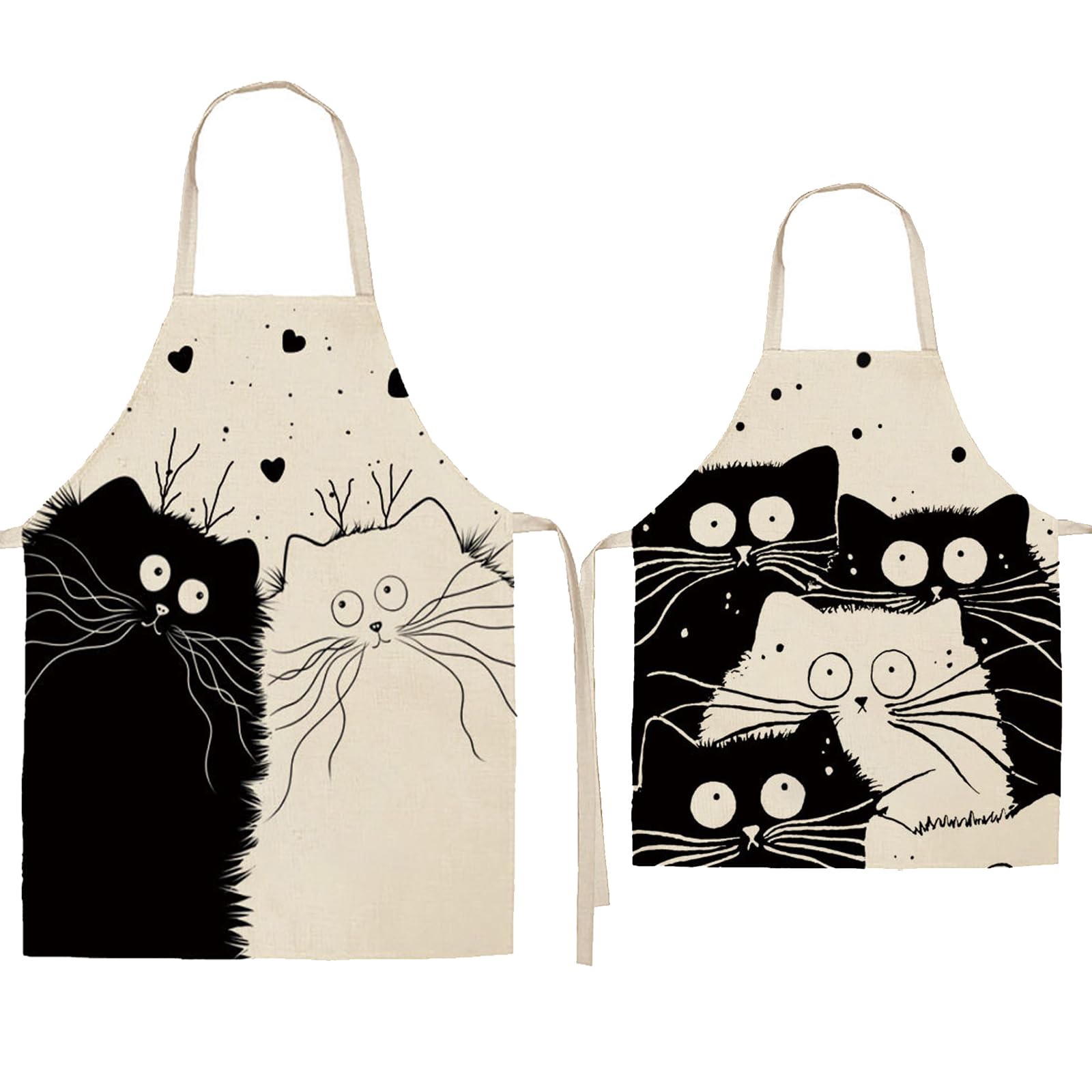 Qixuer 2 Delantales Lindo de Gato, Delantales de Lino, Unisex Niños y Adultos, Negro y Blanco