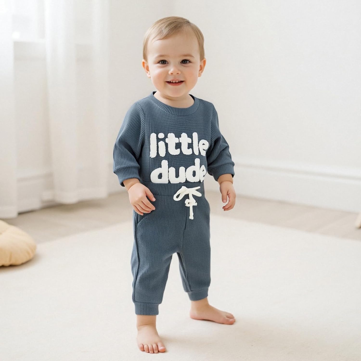 Douhoow Baby Boys Valentine's Day Outfit Sets Long Sleeve Crew Neck Letter Embroidery Romper Drawstring Pants Sets - Image 6