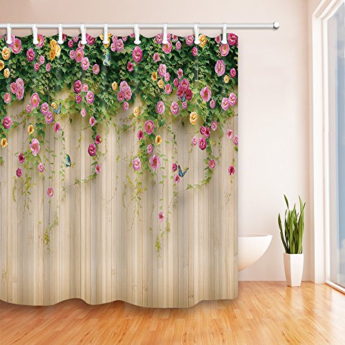 Floral Shower Curtains By Jawo 3D Rosemary Flower With Butterfly On Rustic Wooden Background Bath Curtains, 69X70 Inches, Garden Shower Curtains, Beige Pink Green #TOP1
