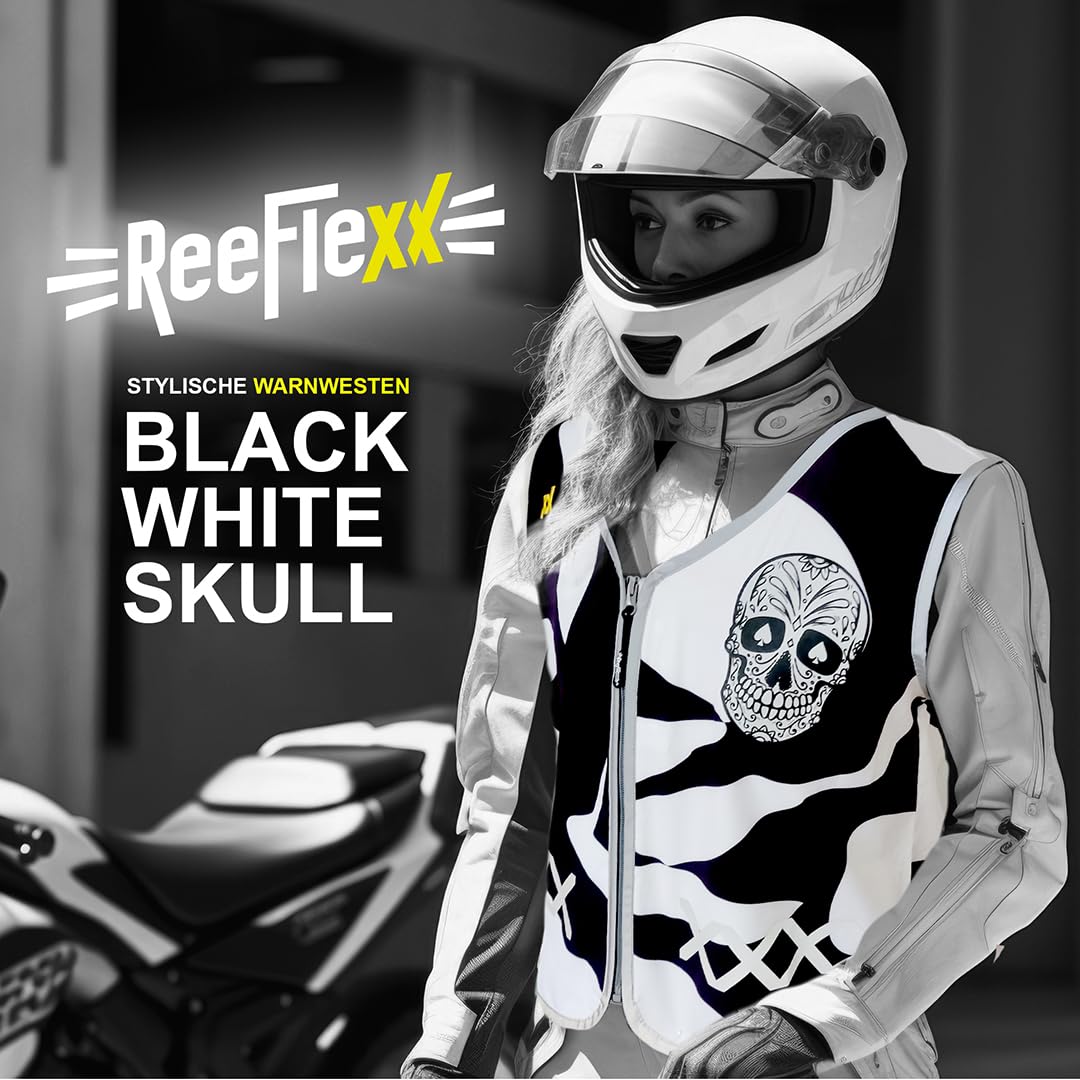 REEFLEXX Warnweste Damen Sicherheitsweste, erhöhte Sichtbarkeit im Straßenverkehr, Joggen, Fahrrad oder Auto, Black White Skull, Größe XL