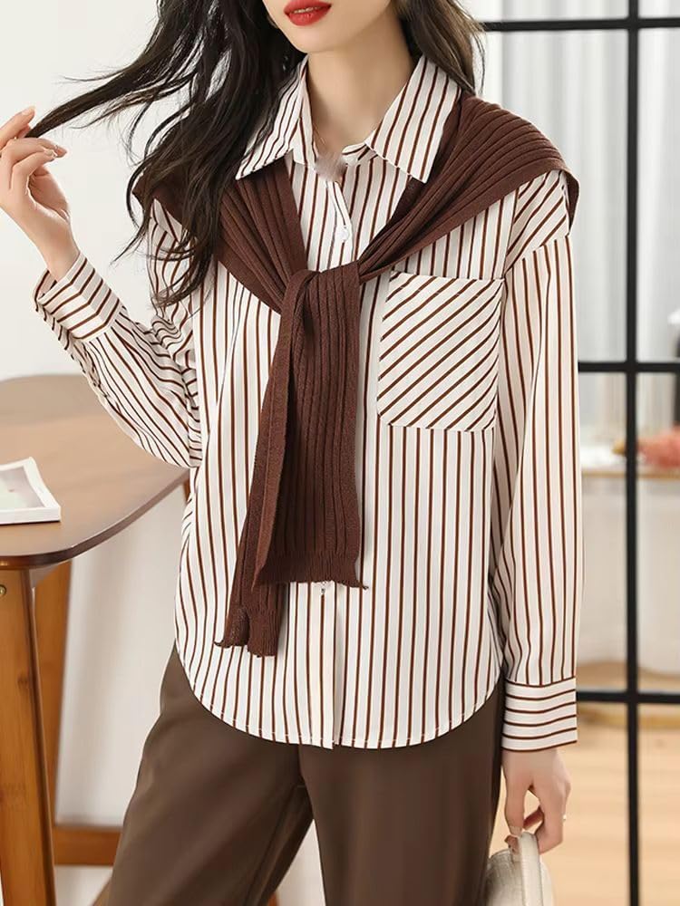 Women's Long Sleeve Spring Autumn Blouse Loose Striped Shirt with Knitted Shawl Casual Clothing Elegant Top
