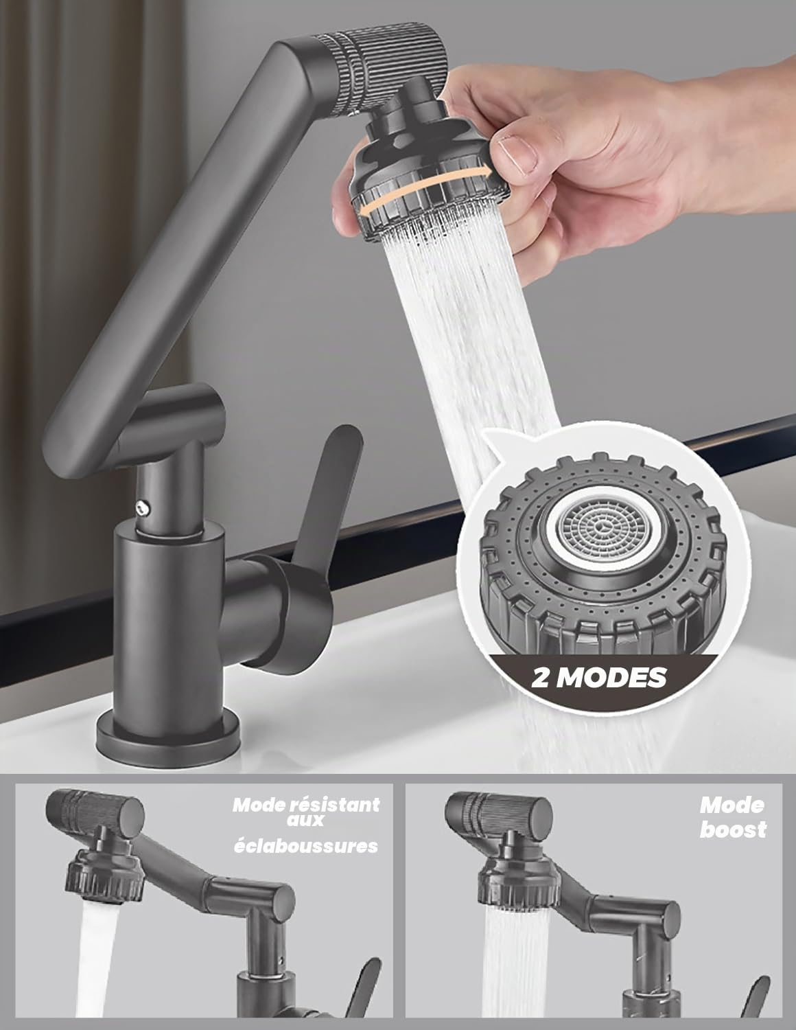 Robinet Cuisine Rabattable, 1080° Flexible Rotation Mitigeur Cuisine,Robinet Evier Sous Fenêtre en Acier Inoxydable, 2 Modes de Pulvérisation