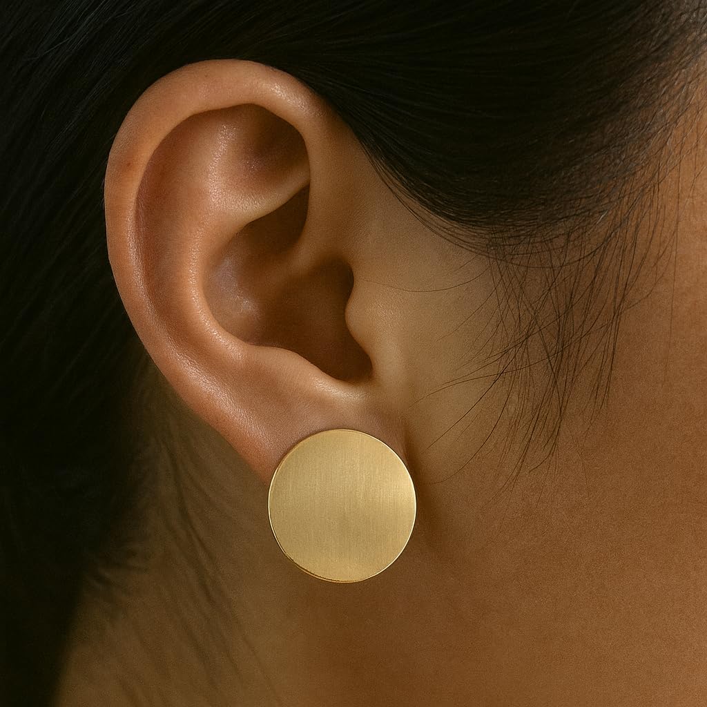 Gold/Silver Round Textured Disc Drop Clip On Earrings Women, Chunky Statement Studs Earrings Clips for Non-Pierced Ears,20mm