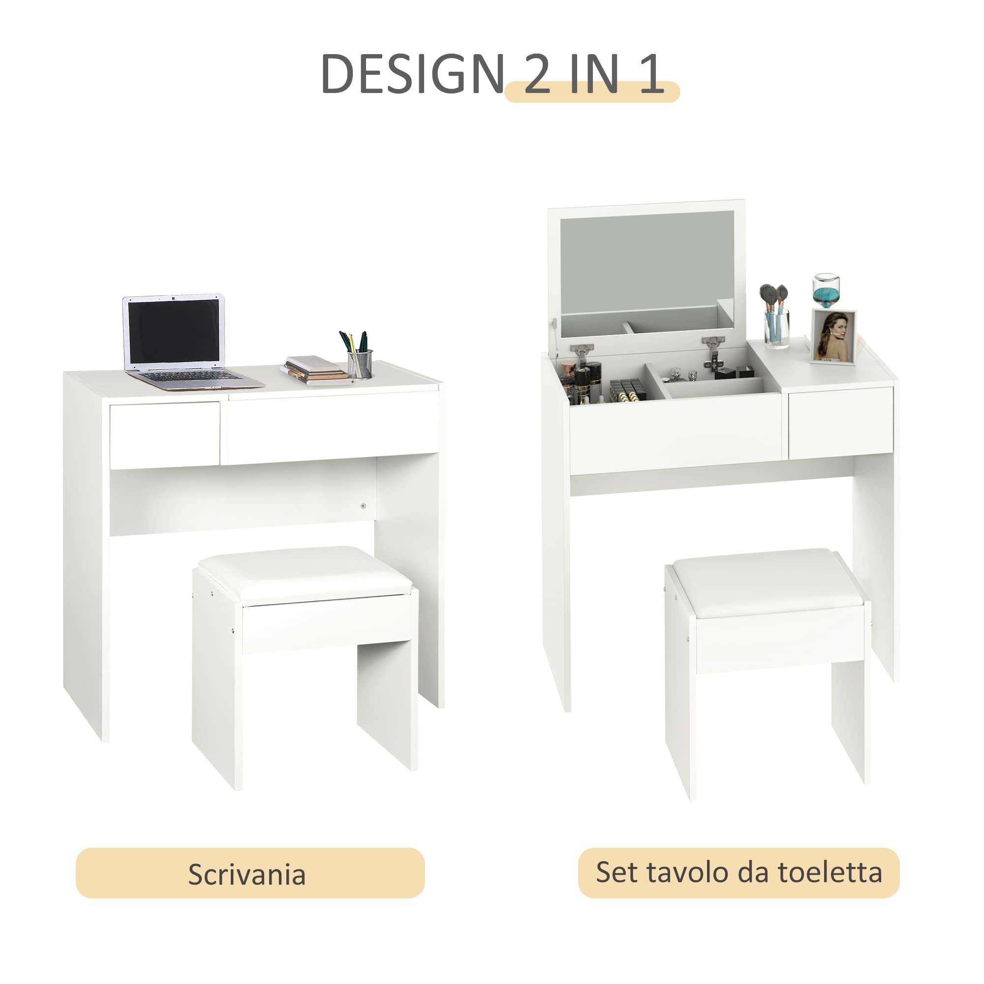 HOMCOM Tavolo da Trucco con Specchio Richiudibile, Tavolo da Trucco Moderno, con Sgabello, Vano Contenitore (4 Scomparti), MDF Bianco, 80x40x79 cm