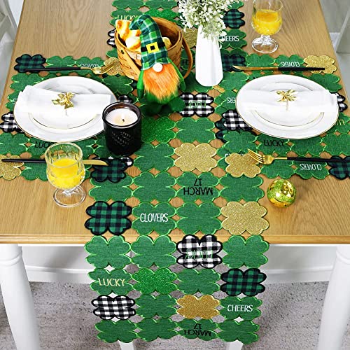 Feuille St Patricks Day Table Runner 69 Inches Long Shamrock Table Runner Green Table Runner With Gold Glitter Lucky Four-Leaf Clovers Buffalo Plaid St. Patrick's Day Decorations #TOP3