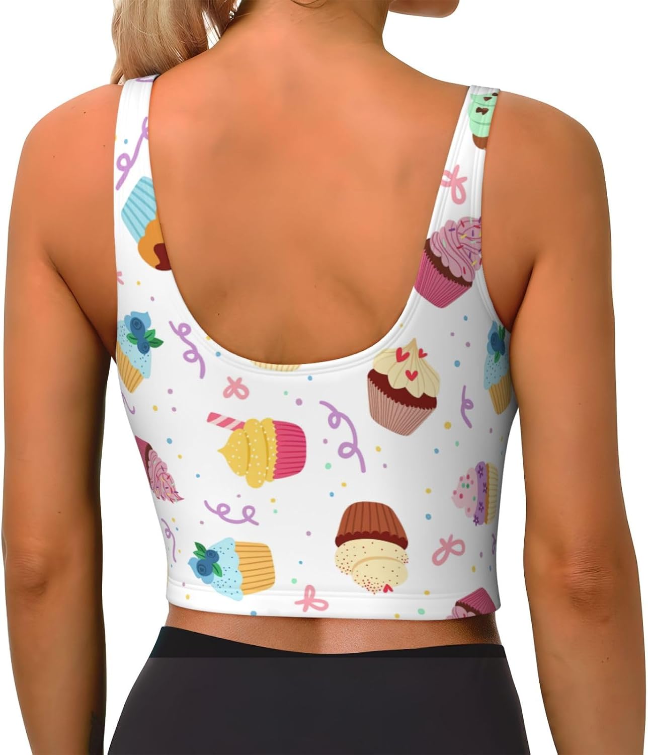 Delicious Cupcakes Print Women's Strappy Sports Bra, Stretch Gym Bras U Neck Yoga Tops, Comfort Seamless Bra