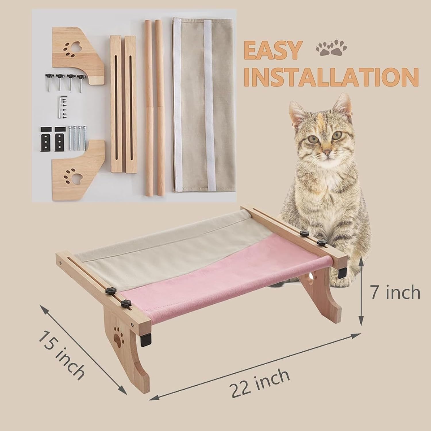 Cat Window Perch Wood Frame Kitty Hammock Hanging Seat 22" x 15" Sturdy Bedside Drawer Cat Perch for Large Small Indoor Cats (Yellow)
