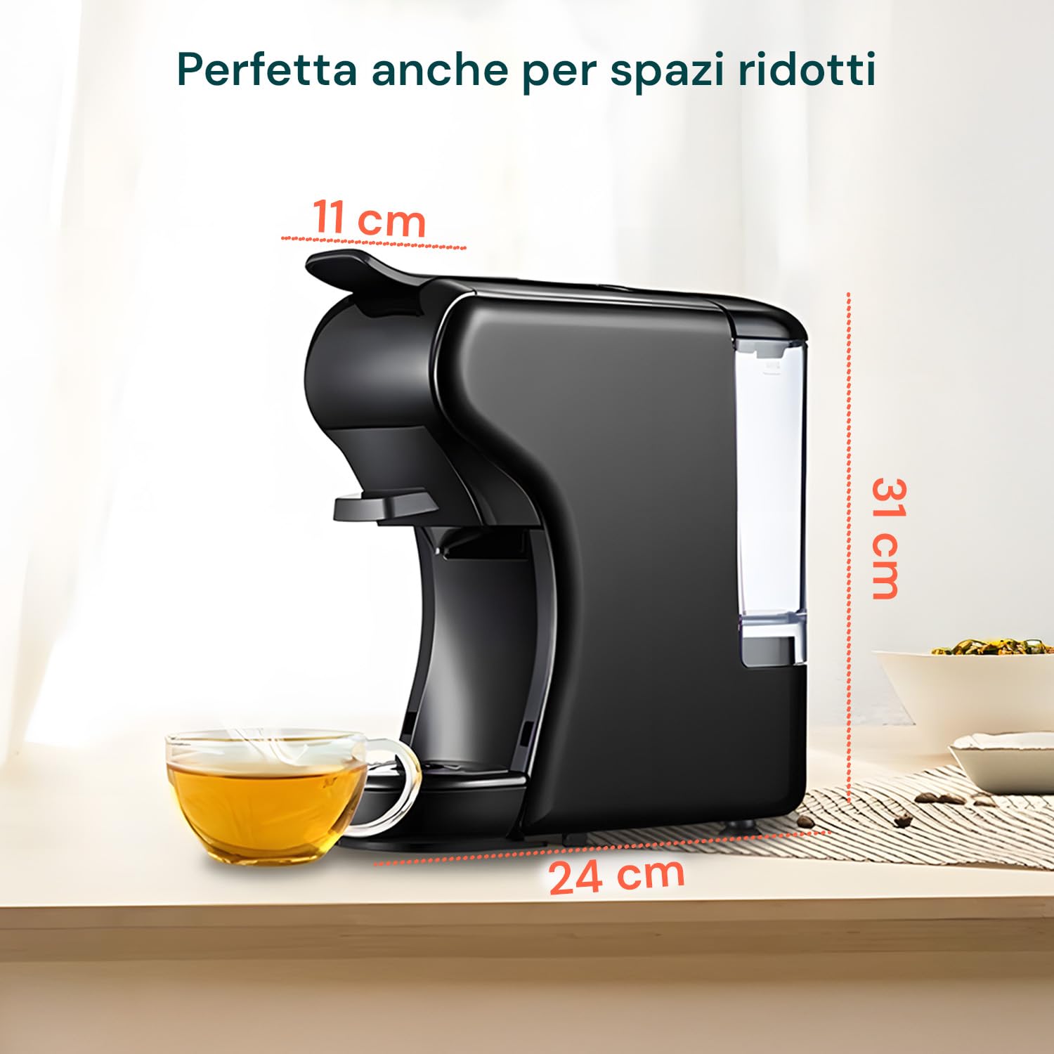 Wintem Macchina Caffè Compatta Grace da 1450W con Arresto Automatico, Selezione Espresso Corto/Lungo, Interruttore ON/OFF e Compatibilità con Capsule e Cialde (Nero)