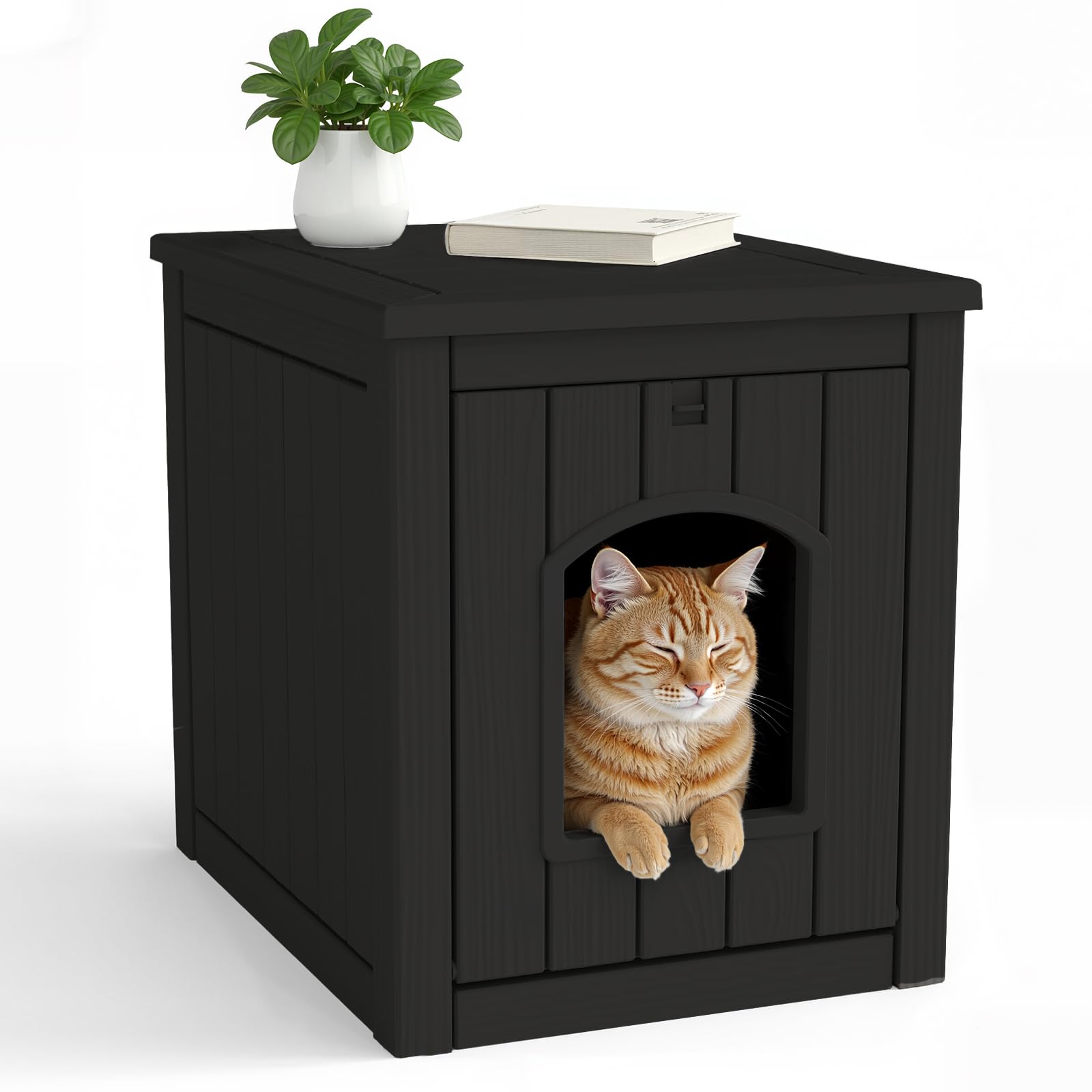 PatioZen Resin Cat Litter Box Enclosure - Indoor Hidden Waterproof Furniture, Hidden Pet Box，Side Table(Black