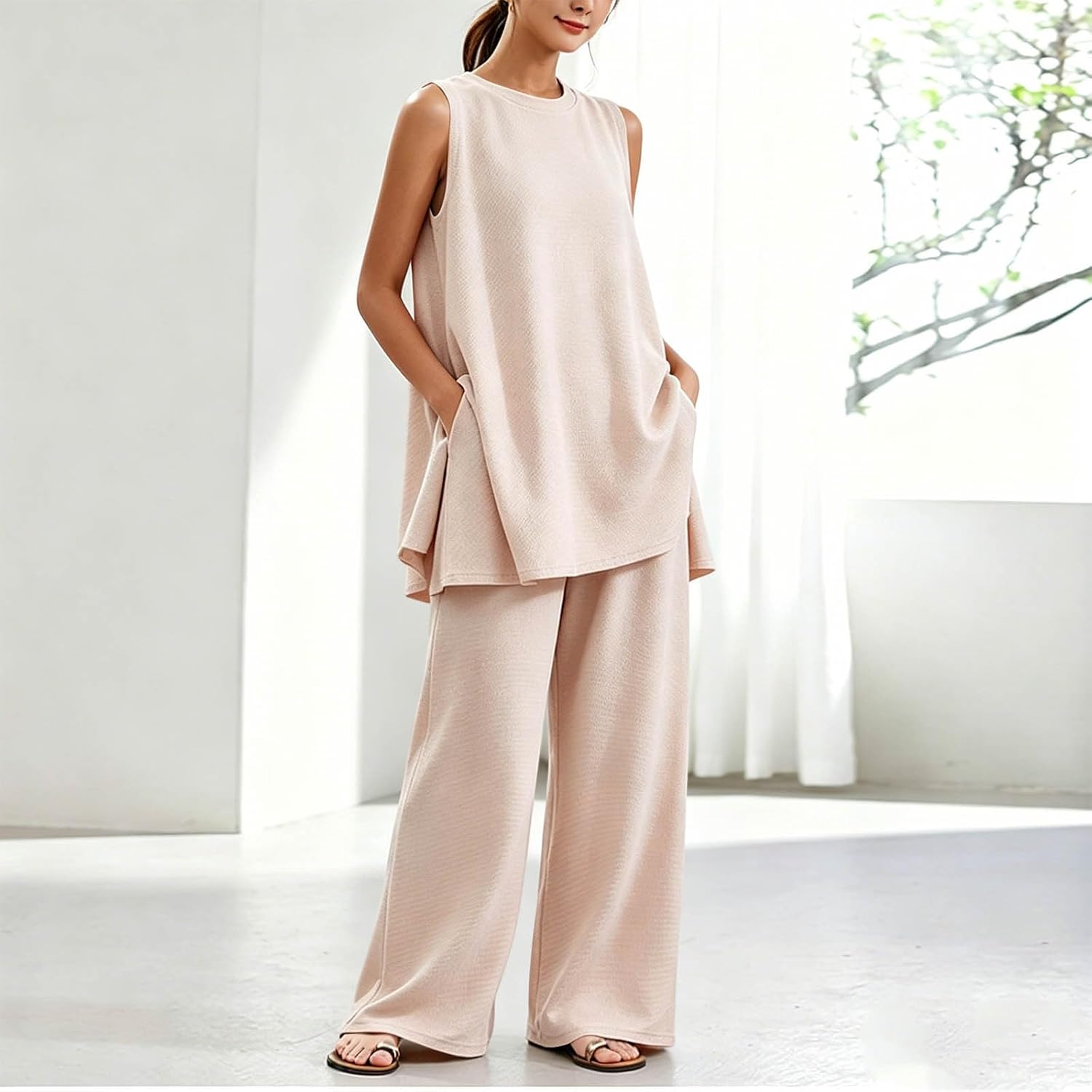 Oplxuo Women's Waffle Pajama Set Sleeveless Flowy Tunic Top High Waist Wide Leg Pants 2 Piece Lounge Set Round Neck Sleepwear