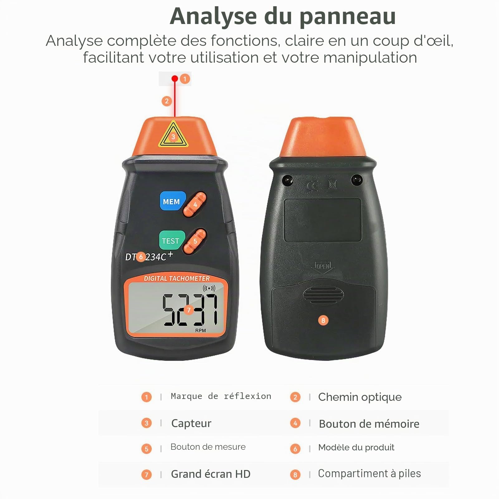 Tachymètre Numérique, DT-2234C + Tachymètre Photo LCD Sans Mini-testeur de Tours/Minute Compteur, Plage Tachymétrique 2.5RPM-99.999RPM