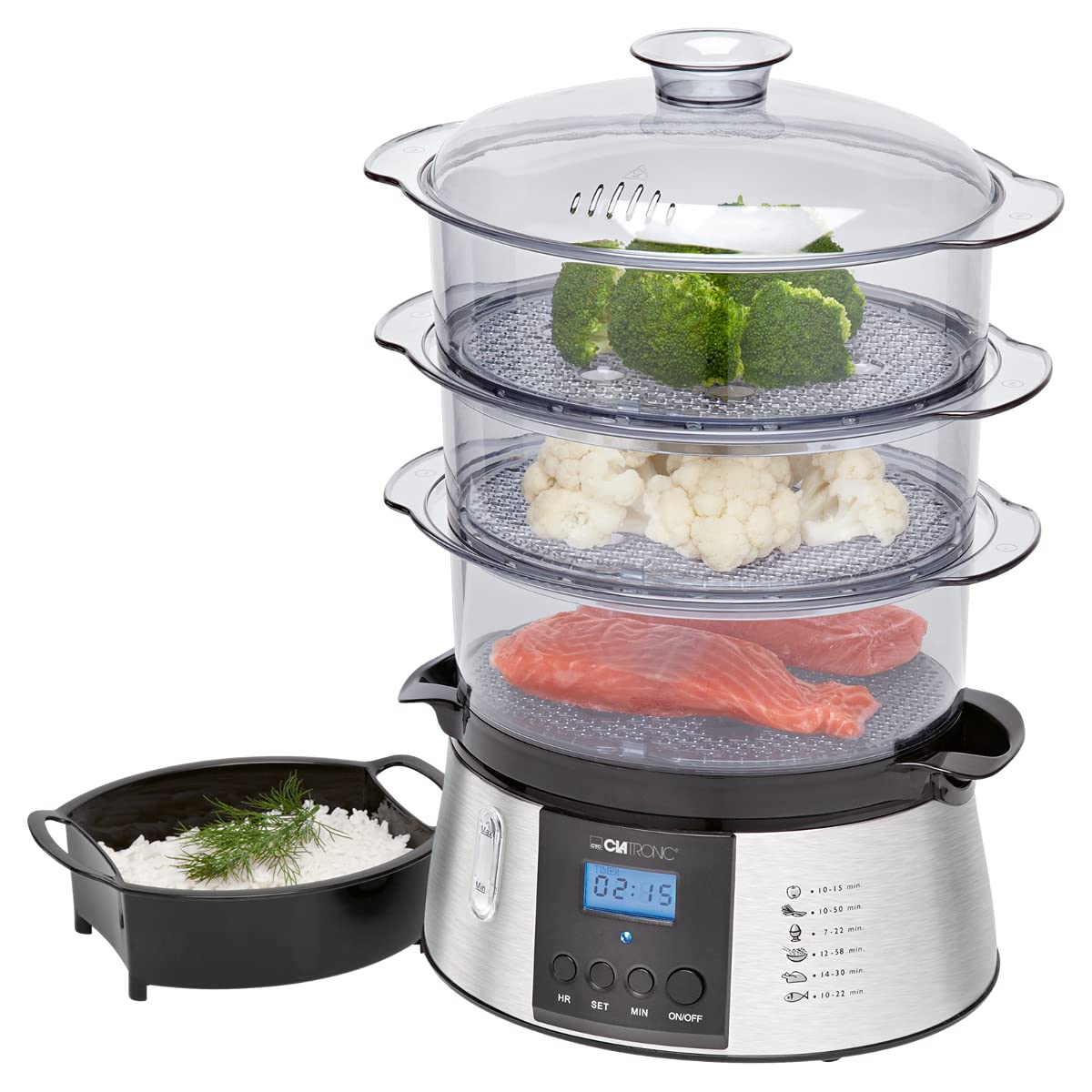 Cuiseur vapeur - Cuiseur riz - Rice cooker - Cuiseur vapeur electrique - Cuiseur Vapeur 3 Compartiments DG3547 Clatronic