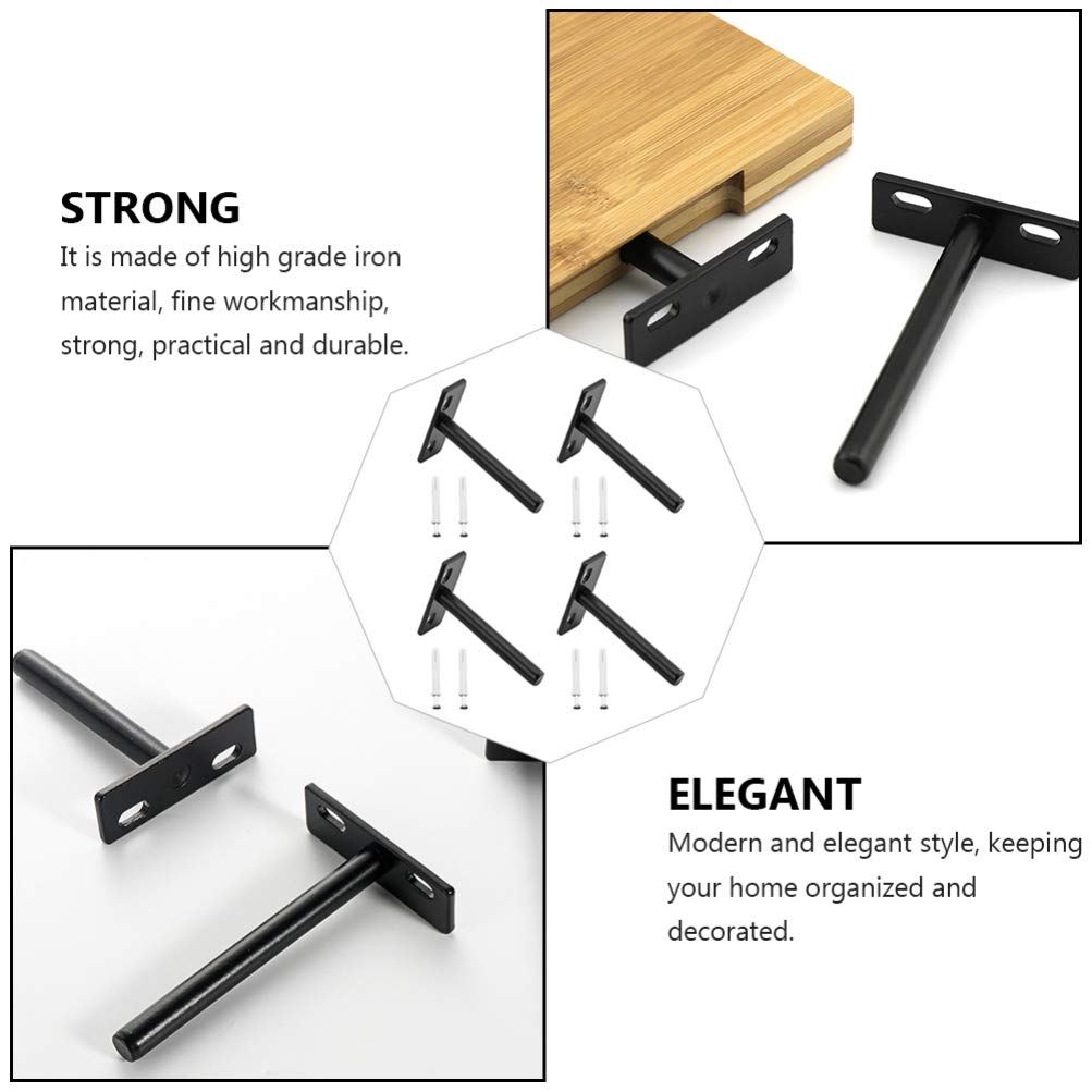 Juego de 4 soportes para estanterías flotantes, soporte oculto para estantes de madera, negro mate, tornillos y tacos incluidos