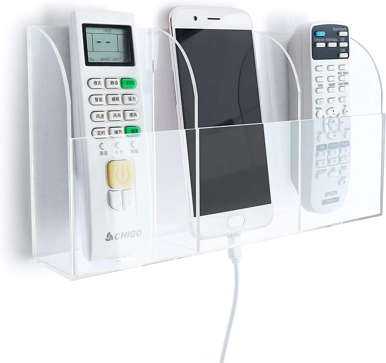 APSOONSELL Clear Arylic Remote Holder Wall Mount Phone Holder Large Remote Control Holder Media Caddy, 3 Compartments