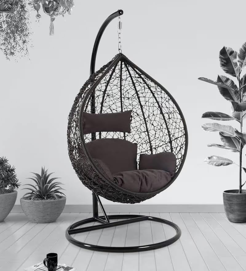 Image of Single Seater Swing Chair with Stand & Cushion Outdoor Indoor Balcony Garden Patio, Powder Coated Frame, UV-Protected Wicker, Premium Cushion, Swing Chair (Black-Brown)