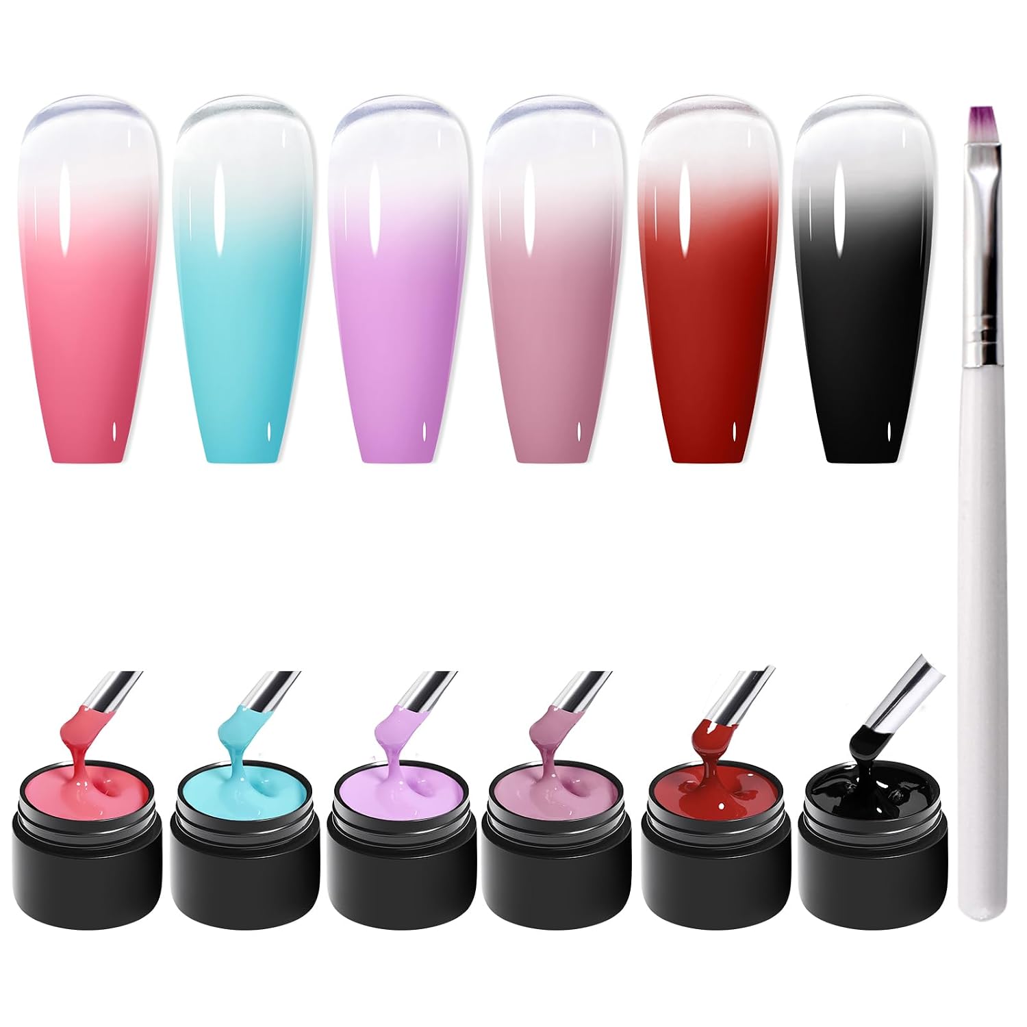 MEET ACROSS 7Pcs Gel Nail Polish Pat Set Paint Nail Gel with 1 Brush Gel Paint For Nails Pink Blue Purple Red Black Nail Polish Set Salon Home DIY Manicure 6 Colors