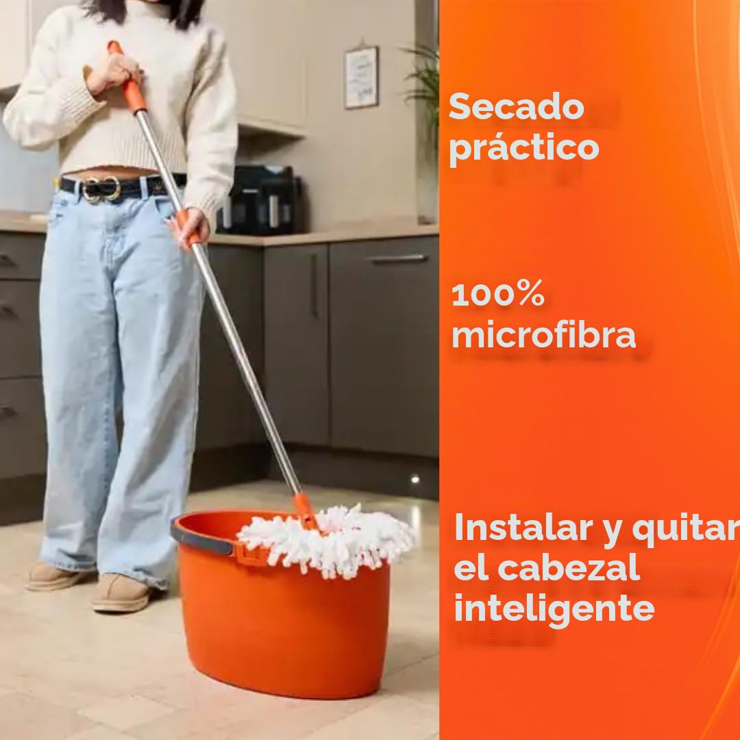 Macromax Faster - Juego de fregona giratoria automática de 16 L, mopas 100% Microfibra, Mango Giratorio telescópico, Lavado automático y Cesta Seca extraíble, Hecha de Material 90% reciclable (Juego