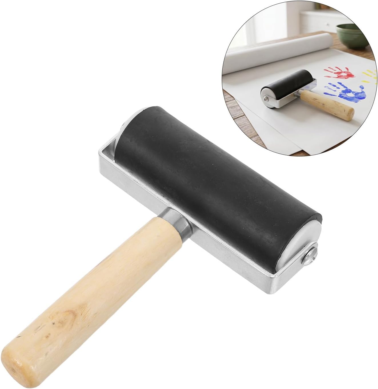BELLIFFY 2pcs Linocut Craft Roller Set, Hard Rubber Printmaking Roller with Wood Handle for Even Pigment Coverage, Versatile Use with Multiple Mediums, for Crafting and Holiday Cards