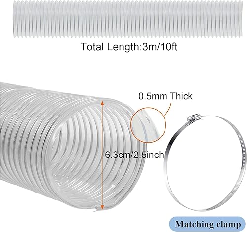 Miniatura 2 de Amylove Manguera de recogida de polvo de PVC pesado de 2.5 pulgadas, 10 pies, manguera flexible de PVC transparente con bobina de alambre de acero