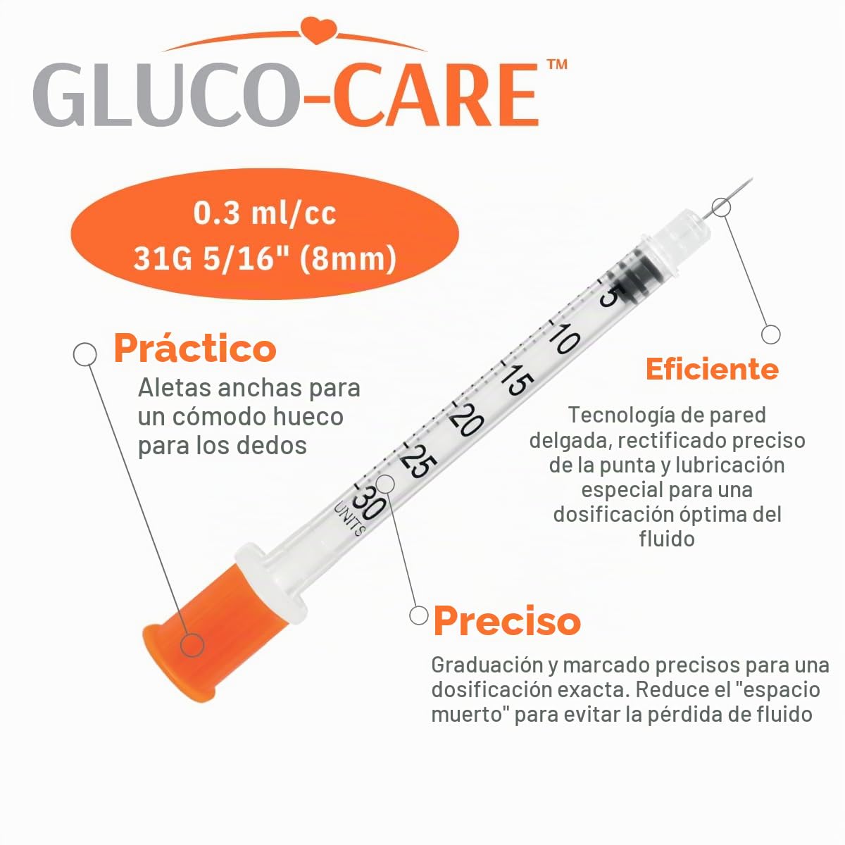 GLUCO-CARE Jeringas de 0.3 ml/cc de 31 g x 5/16 pulgadas (8 mm), tapa naranja, caja de 100 unidades