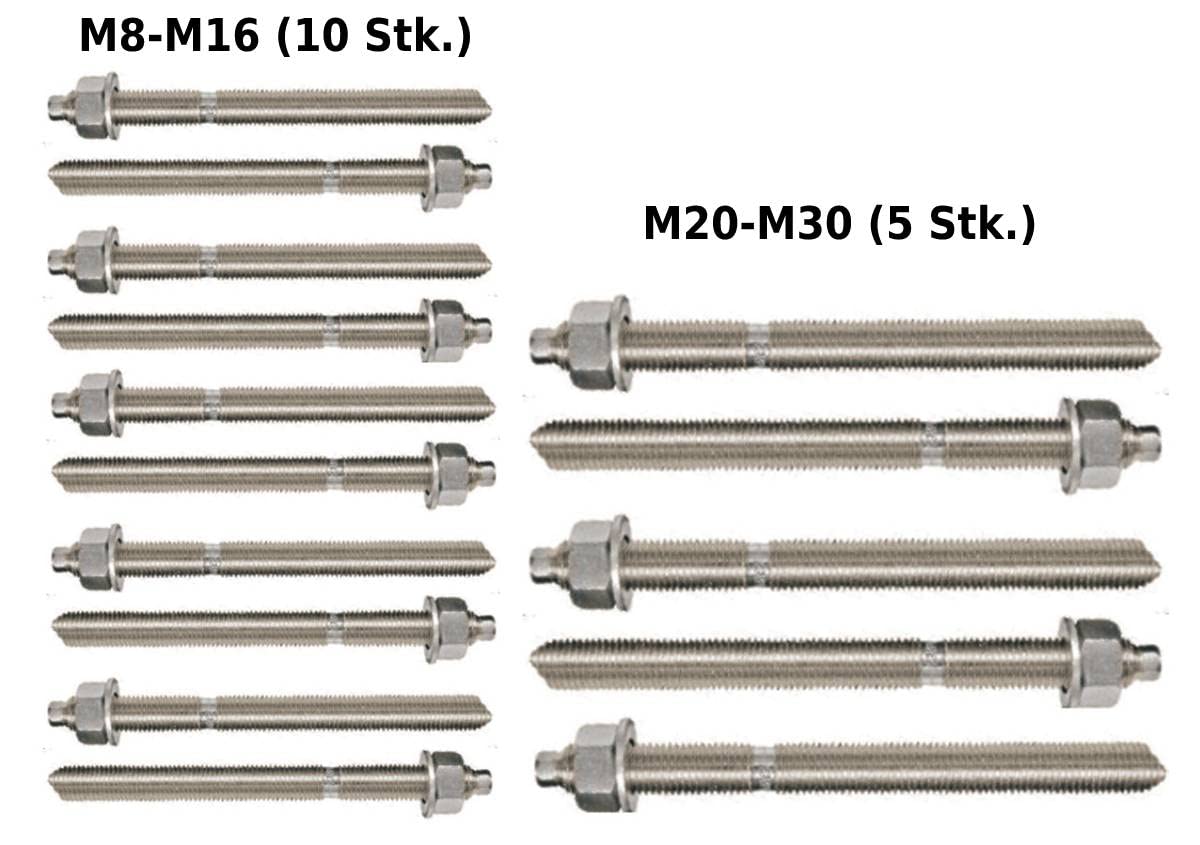5er Set Ankerstangen Schwerlast Stahl verzinkt oder Edelstahl (Verzinkter Stahl, M24 x 300 mm)