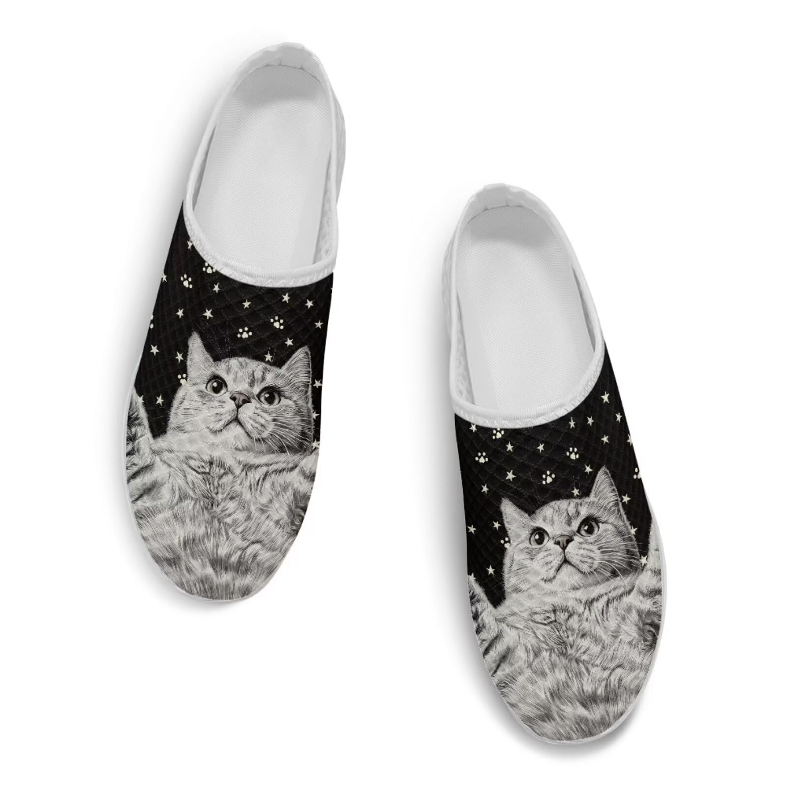 Pynewomyt Grey Cat Print Water Shoes for Women Slip On Mesh Barefoot Shoes Womens Mules Casual Aqua Flats with Non Slip Sole Comfortable Cute Ladeis Mesh Flats Outdoor