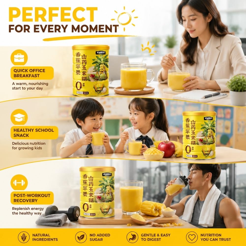 Polvere di mais istantanea con banane e mele, 500 g | Cereali caldi istantanei 30s con patate dolci, mais, banane, mele, pezzetti di vera frutta, 500 g.