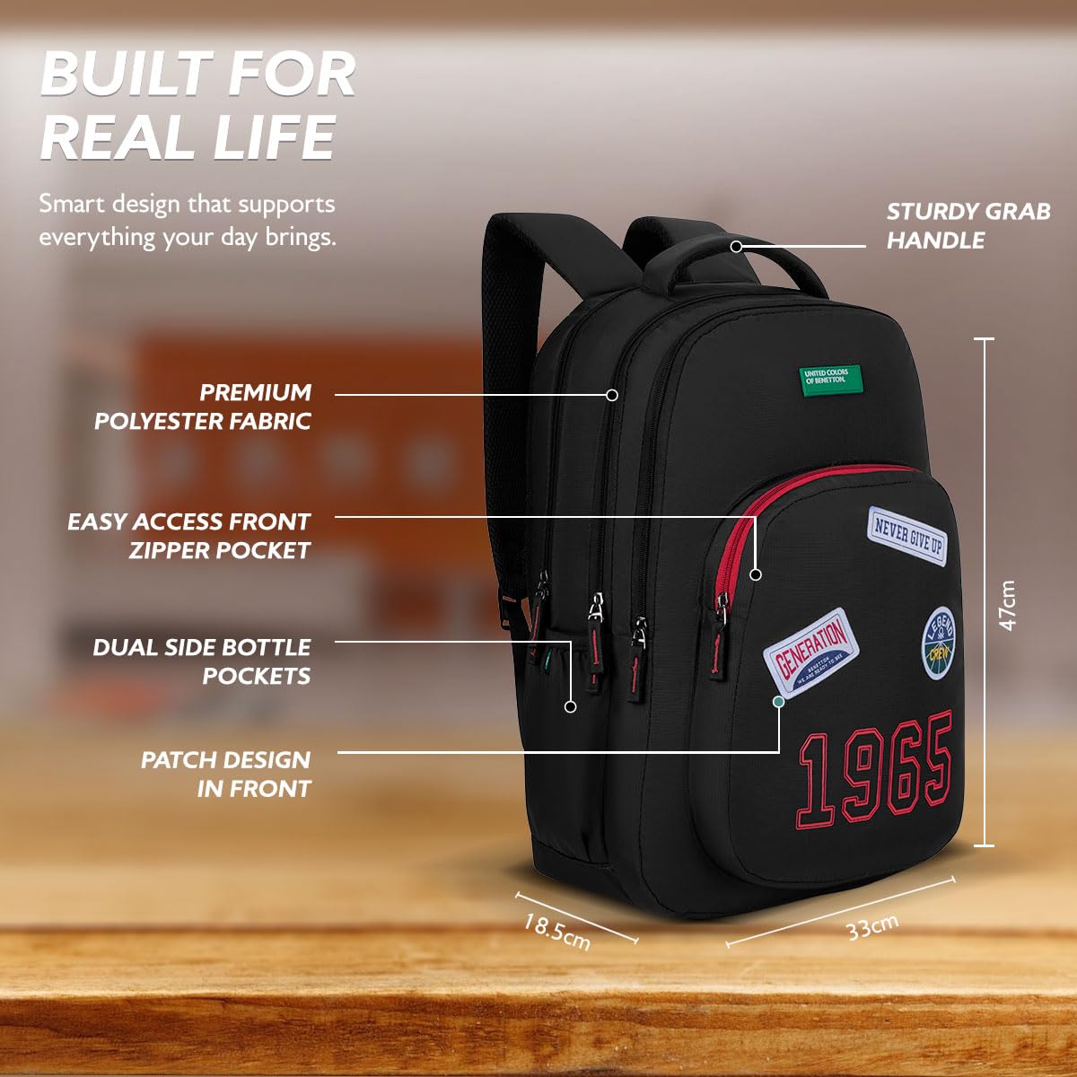 United Colors of Benetton Unisex High-School Backpack LEGEND - Black | 3-Compartment | Large Capacity Bag with Airmesh Padding | Backpack for School Girls and Boys | 28L Capacity 2
