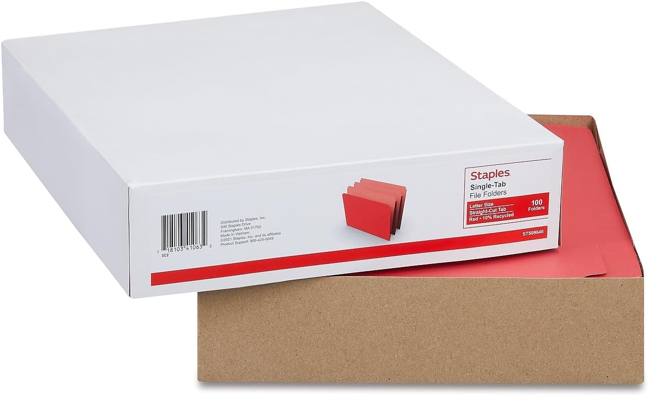 Staples Straight‑Cut Top‑Tab File Folders, Letter Size, Red, Durable Paper Stock, 100/Box