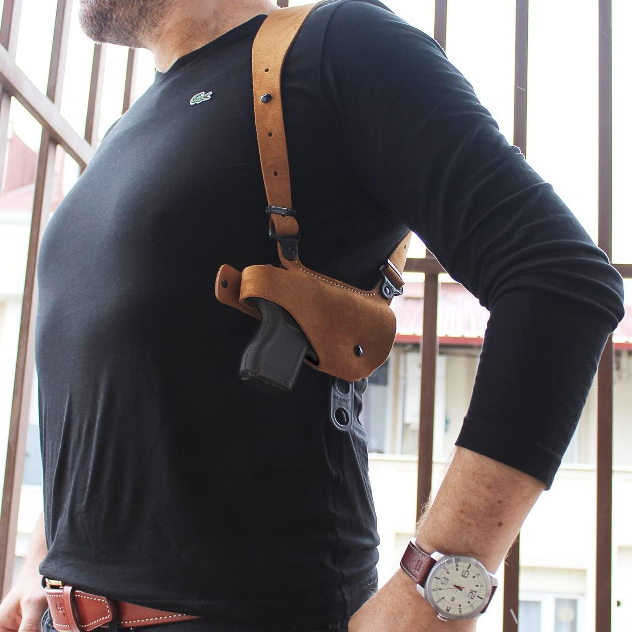 Premium Suede Leather Shoulder Holster with Single Mag Carrier Fits Hellcat 9mm Micro Compact 3’’ Barrel, Right Hand Draw, Brown Color #1524#