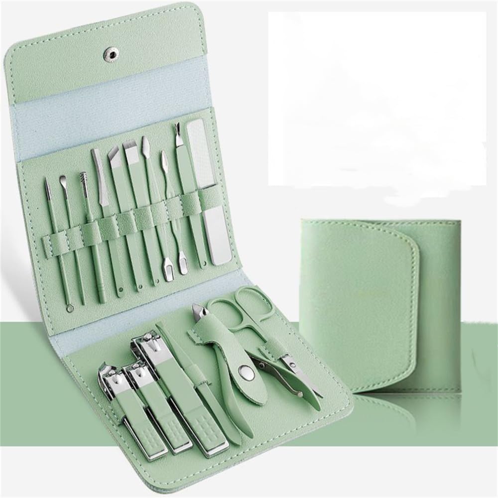 Tagliaunghie in acciaio inossidabile e borsa pieghevole Set per migliorare le unghie Set di tagliaunghie Forbici Strumenti di bellezza, verde 16 in 1 B set