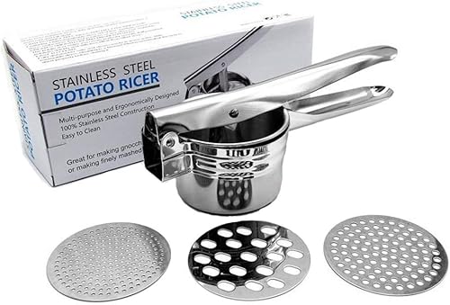 Miniatura 7 de Ricer profesional de patatas de acero inoxidable, triturador de papas con 3 discos de arroz para arroz grueso y fino, la mejor prensa de papas
