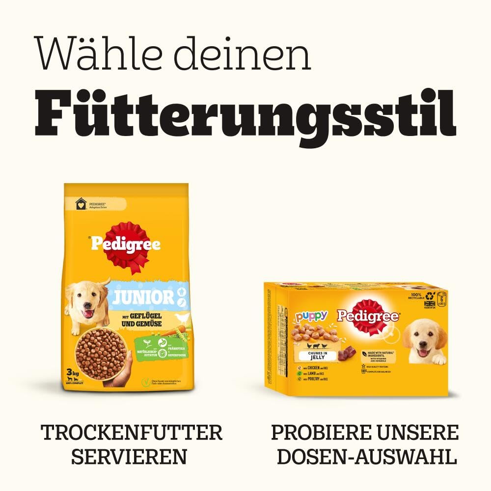 PEDIGREE Junior Multipack Gemischte Selektion in Gelee Hundenassfutter im Portionsbeutel für junge Hunde 4 Varietäten 84 x 100g