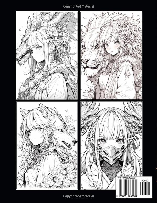 Miniatura 2 de Anime and Manga Coloring Book for Teens and Adults Immerse yourself in the enchanting world of Japanese portraits standing alongside dragons