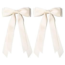 2PCS Silky Satin Hair Bows Hair Clip Light Beige Hair Ribbon Ponytail Holder Accessories Slides Metal Clips Hair Bow for Women Girls Toddlers Teens Kids